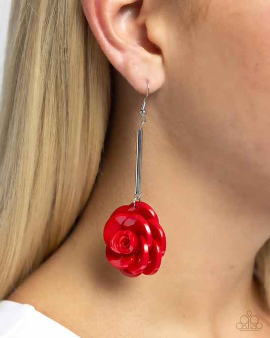 Saccharine Sprig - Red Scarlet Smile Acrylic Rosette Flower Silver Earring Paparazzi E2357