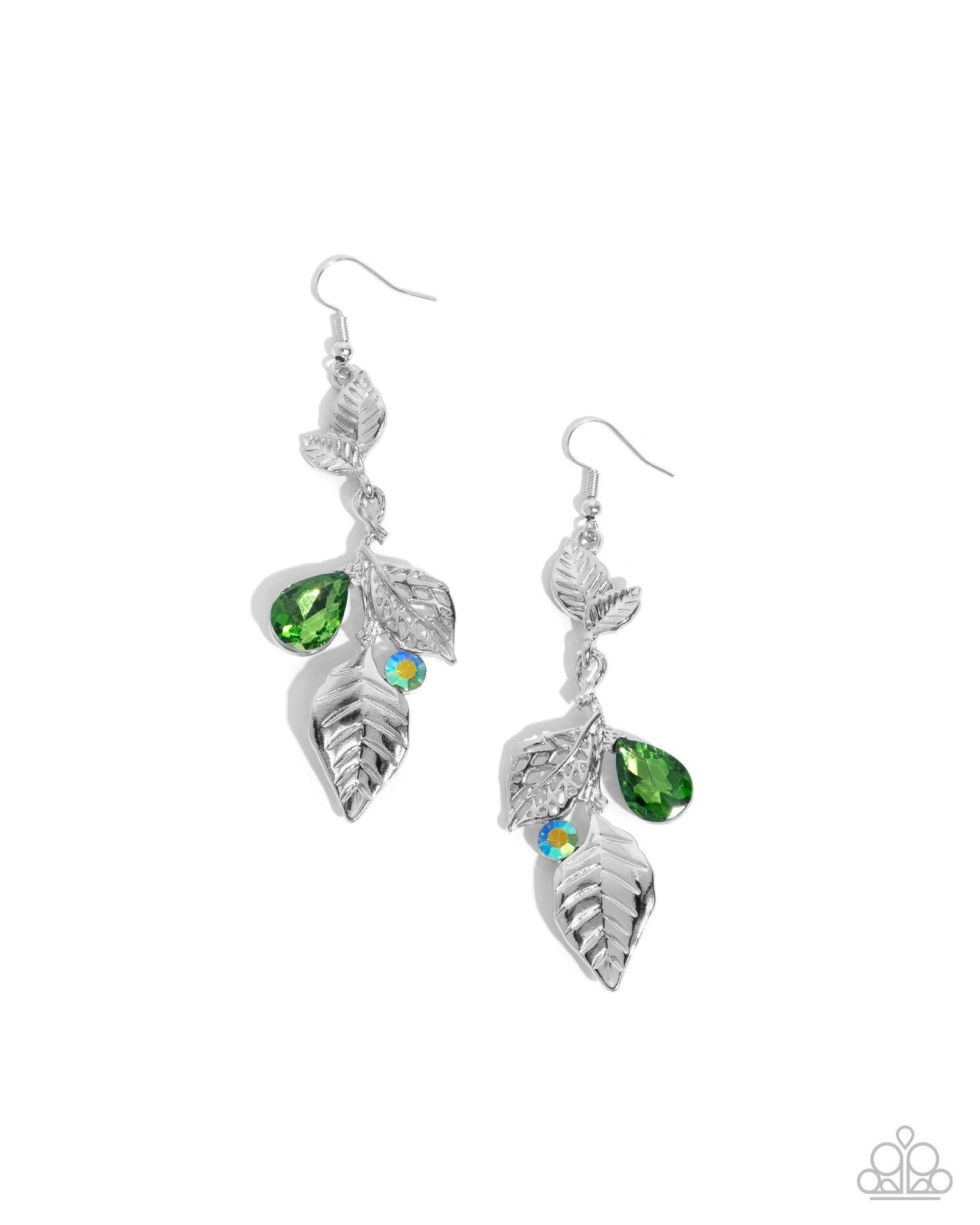 Descending Dazzle - Green, Iridescent Green Rhinestone & Silver Vine Earring Paparazzi E2554