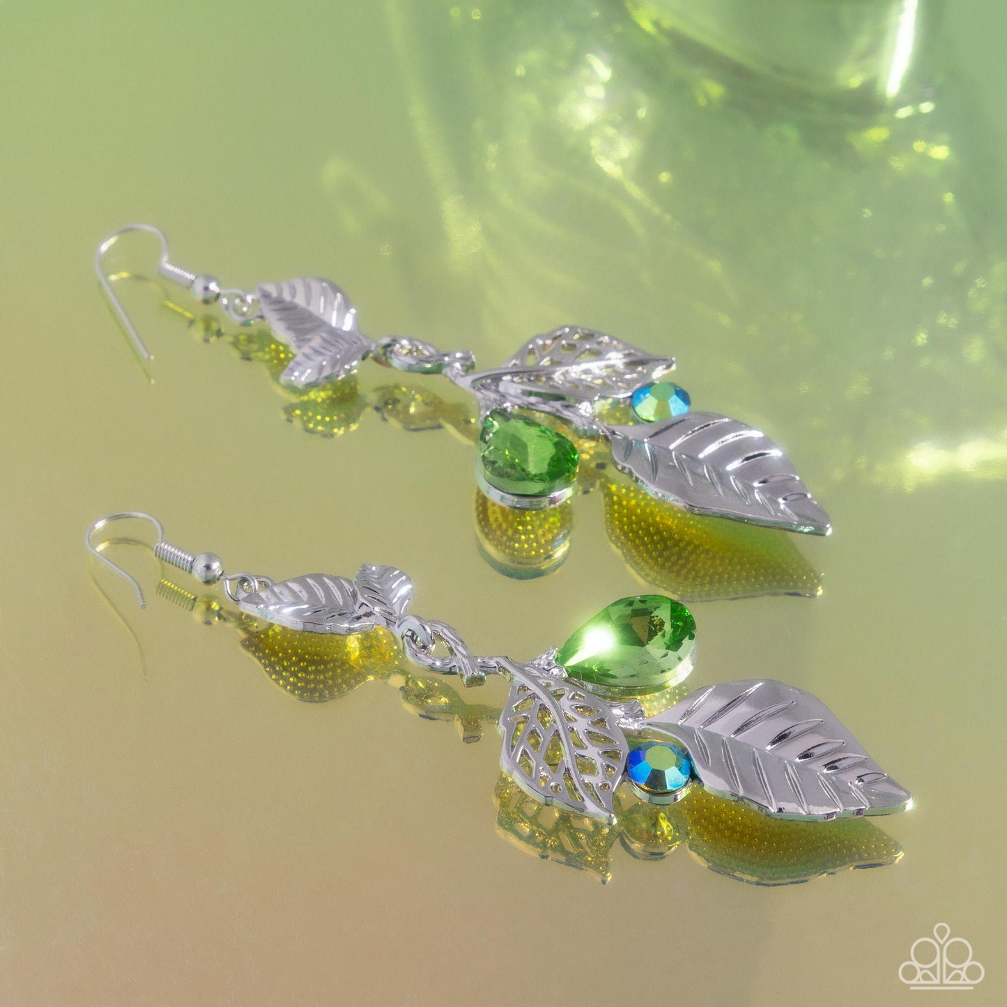 Descending Dazzle - Green, Iridescent Green Rhinestone & Silver Vine Earring Paparazzi E2554