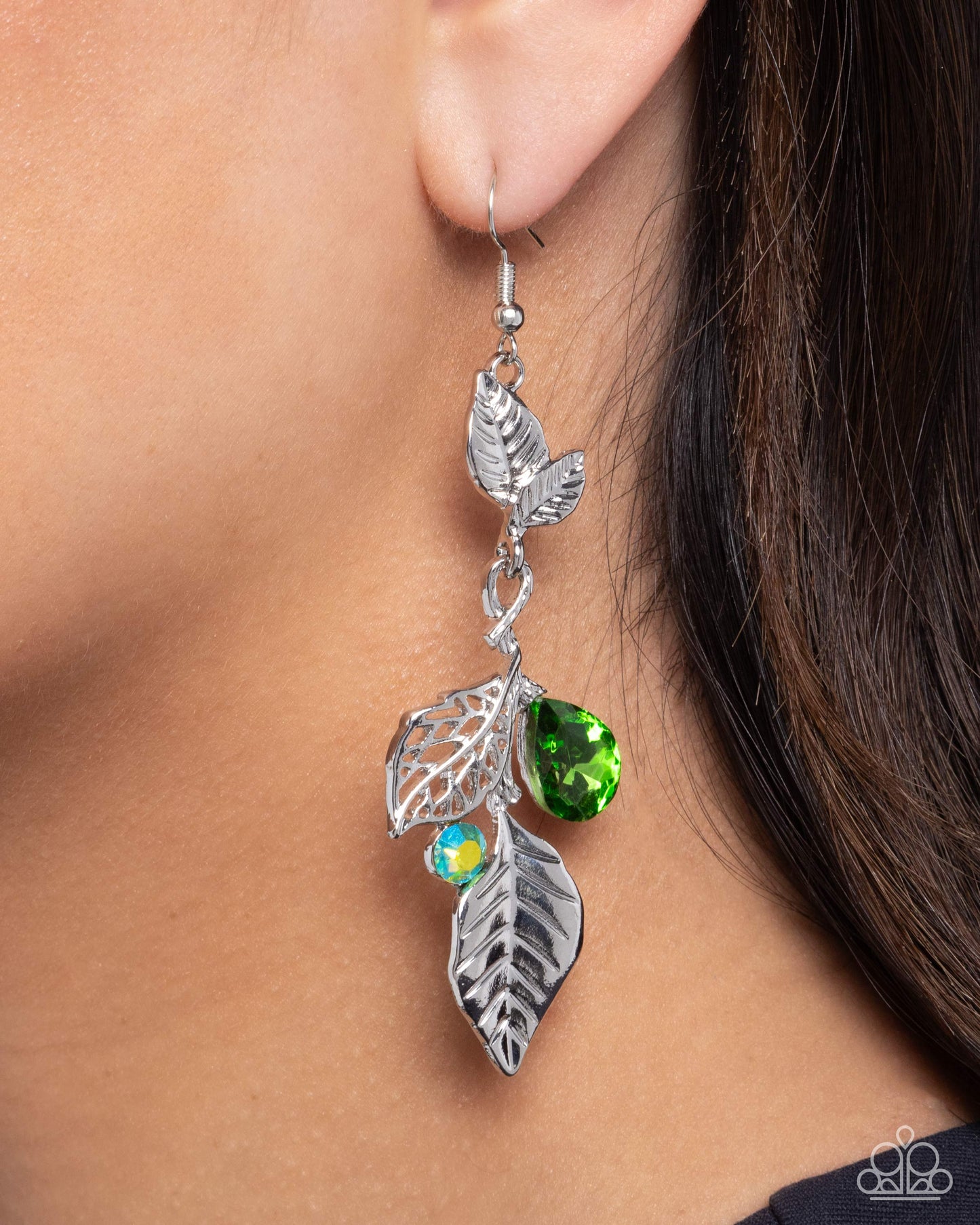 Descending Dazzle - Green, Iridescent Green Rhinestone & Silver Vine Earring Paparazzi E2554