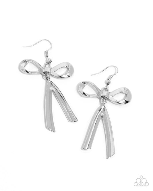 Dapper Delivery - Silver High Sheen Ribbon Style Bow Earring Paparazzi E2531