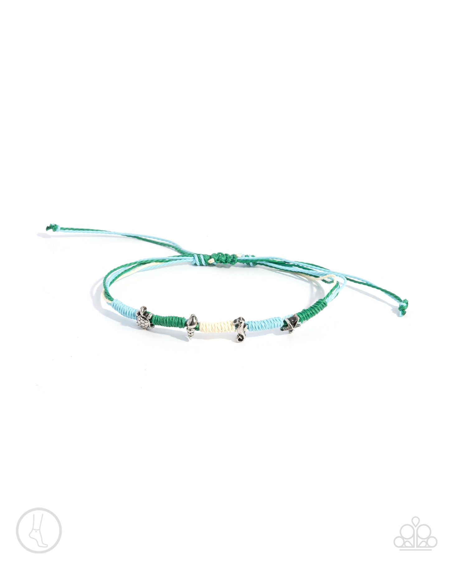 Turtle Task - Multi Emerald, Blue, Ivory Braided Cording & Silver Starfish, Seahorse, Seashell, Turtle Charm Anklet Paparazzi