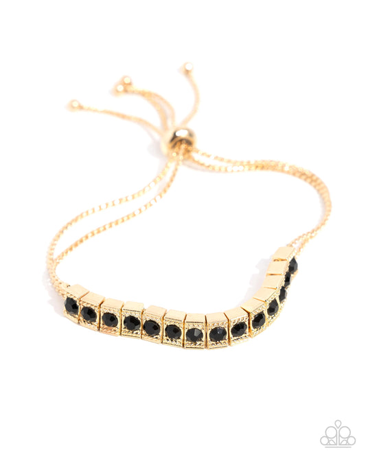 Dancing Decade - Black Rhinestone Gold Sliding Bead Closure Bracelet Paparazzi B1988