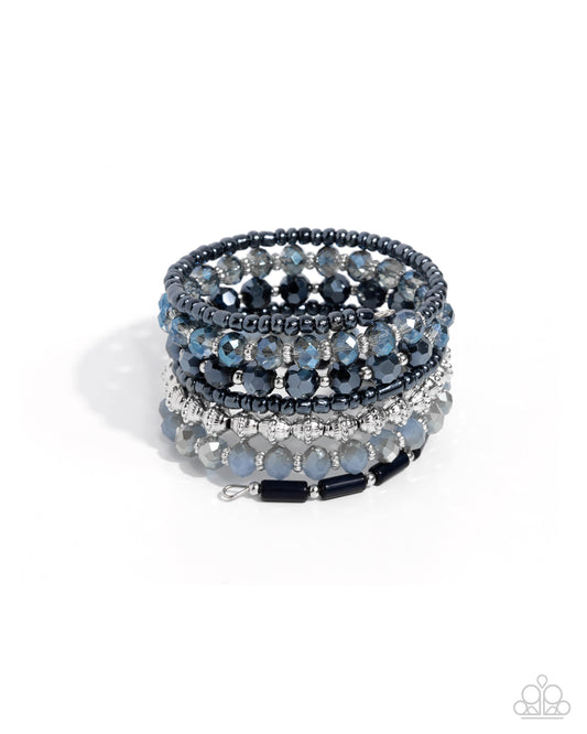 Stacked Surprise - Blue Midnight Sky Seed Bead, Silver & Blue Faceted Bead Coil Bracelet Paparazzi B2234