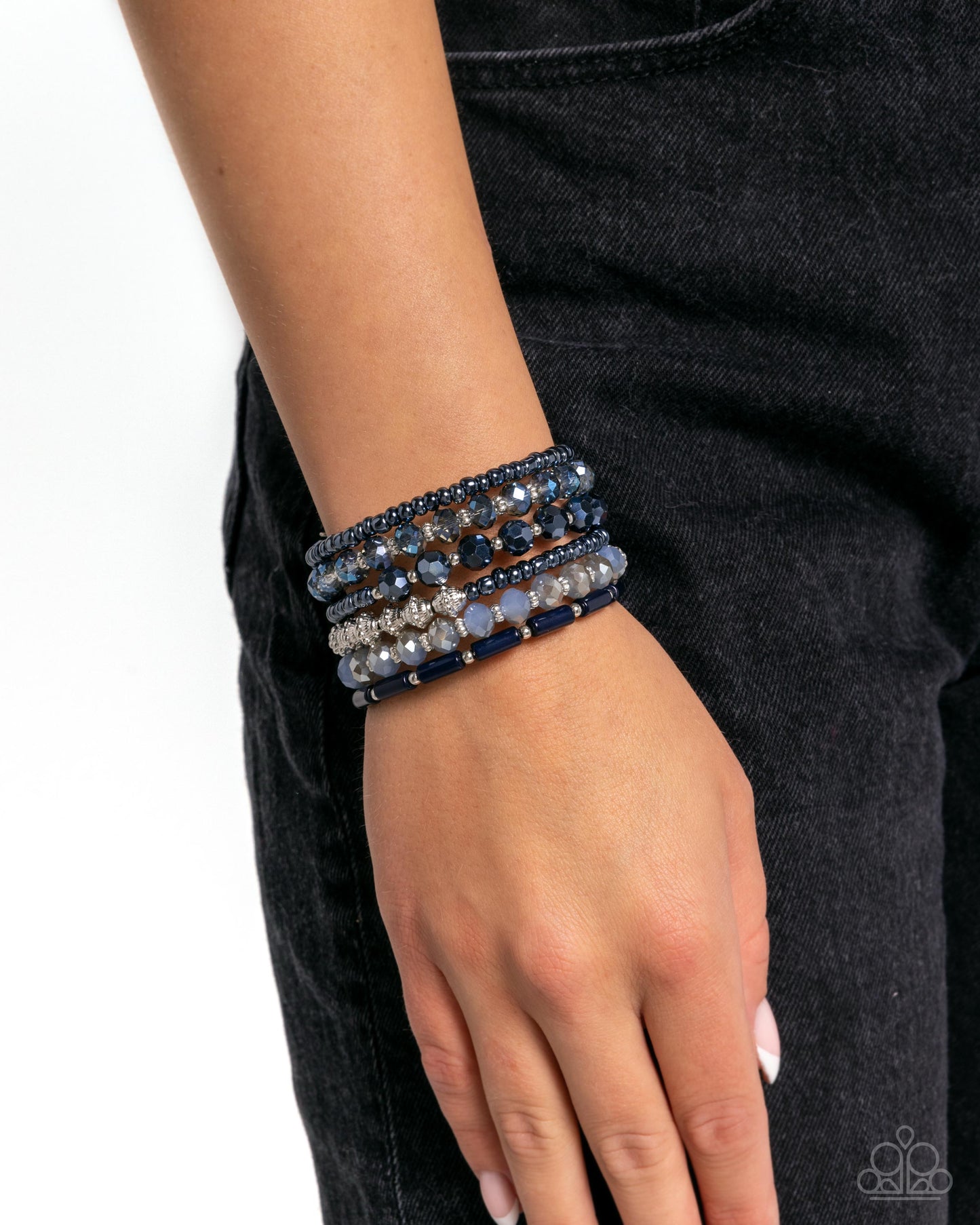Stacked Surprise - Blue Midnight Sky Seed Bead, Silver & Blue Faceted Bead Coil Bracelet Paparazzi B2234