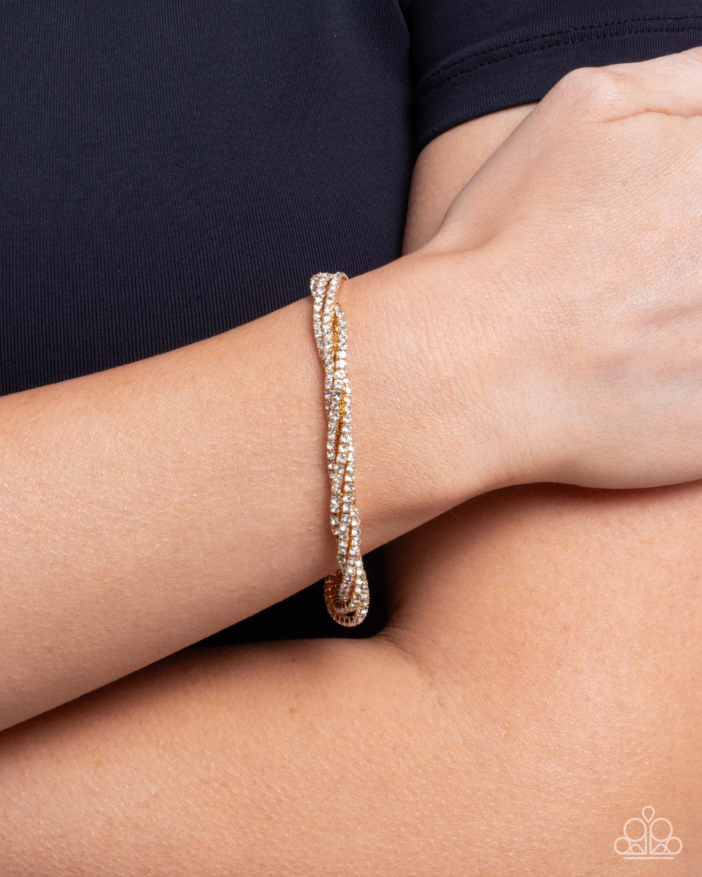 Twisted Triumph - Gold Stretch Ban & White Rhinestone Bracelet Paparazzi