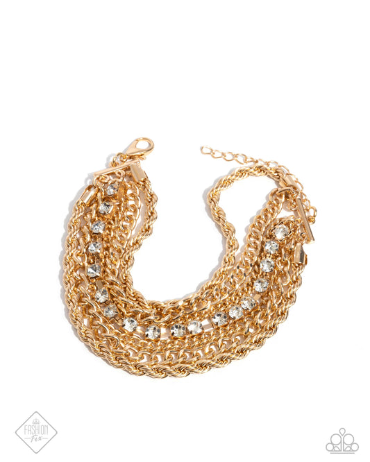 Executive Extravagance - Gold Rope, Curb Chain White Rhinestone Clasp Bracelet Fiercely 5th Avenue October 2024 Fashion Fix Paparazzi B1959