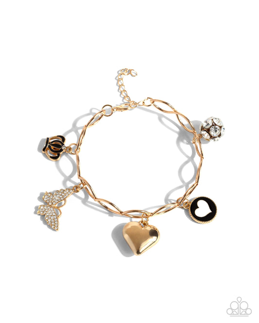 Lullaby Lucky - Gold White Heart, Gold Heart, Gold Butterfly & Black Crown Charm Style Bracelet Paparazzi B2217