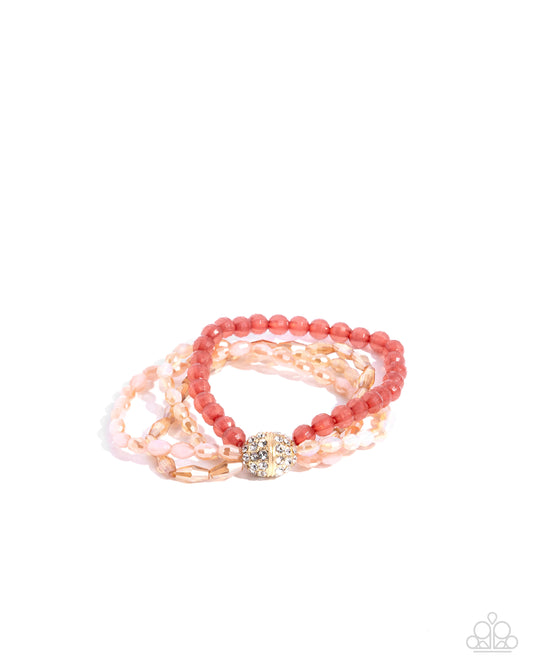 Beaded Boundary - Pink Desert Rose, Peach, UV Shimmery Gold Bead Stretch Bracelet Paparazzi B1895