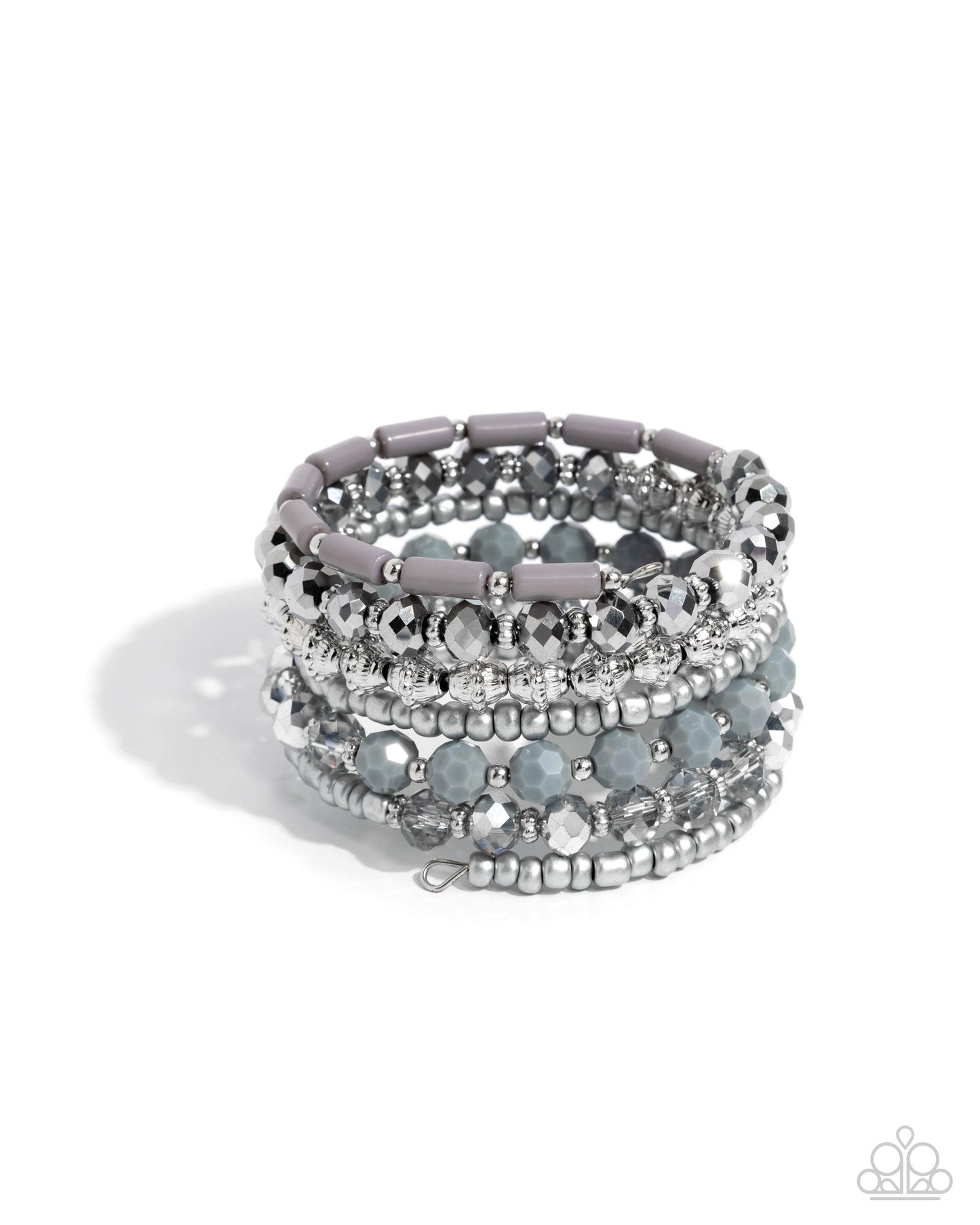 Stacked Surprise - Silver & Gray Bead, Gray Seed Bead, Silver Stud Coil Wrap Style Bracelet Paparazzi B2325