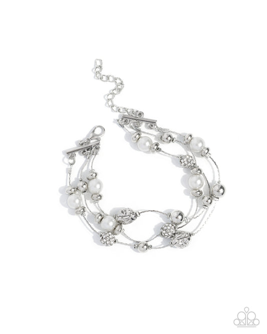 Paparazzi Classy Cruise - White Pearl, Rhinestone & Silver Bead Bracelet Paparazzi