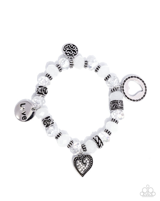 Filigree Finesse - White Rhinestone & Siver Heart Inspirational "LOVE" Stretch Bracelet Paparazzi B1955