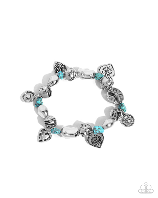 Rustic Rampage - Blue Turquoise Stone Silver Heart Charm Santa Fe Style Stretch Bracelet Paparazzi B1714