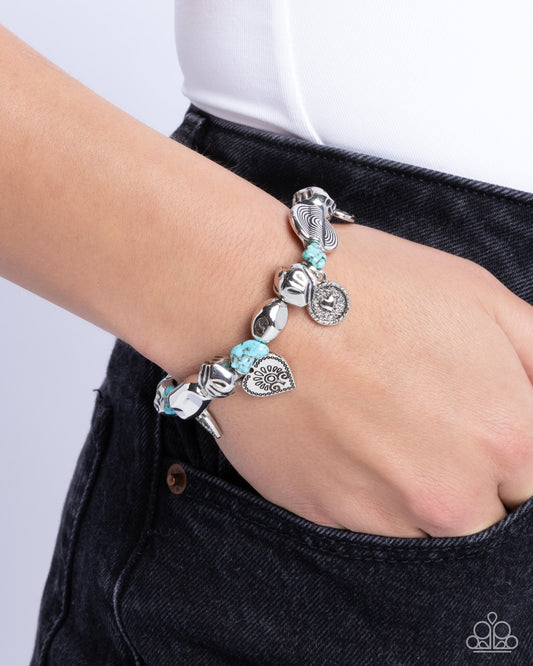 Rustic Rampage - Blue Turquoise Stone Silver Heart Charm Santa Fe Style Stretch Bracelet Paparazzi B1714