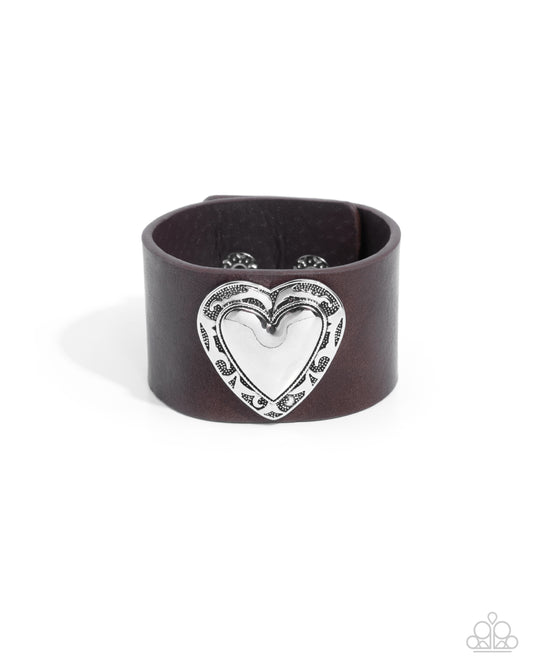 Decorated Debut - Brown leather & Silver Heart Snap Closure Bracelet Paparazzi B1868