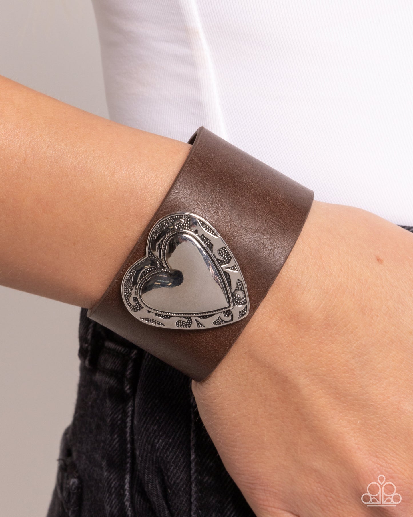 Decorated Debut - Brown leather & Silver Heart Snap Closure Bracelet Paparazzi B1868