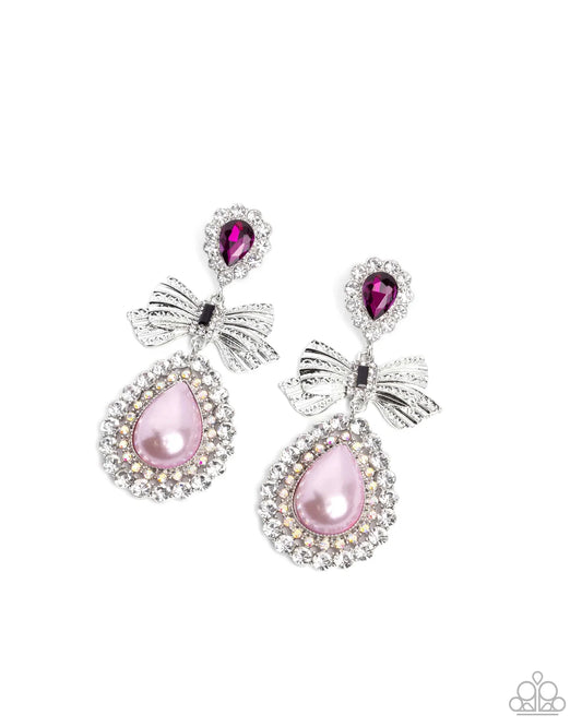 Paparazzi Alluring Aesthetic - Multi Pink Iridescent Rhinestone Silver Bow Post Earrings Life Of The Party February 2025 E2731