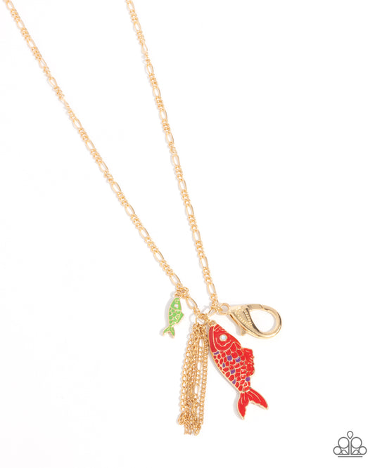 Marine Magic - Red Fish, Green Fish, Gold Figaro Chain Lanyard Necklace Paparazzi N3214