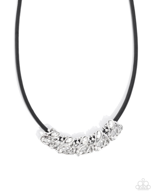Sprig Shimmer - Black Cord, White Rhinestone & Silver Stud Filigree Necklace Paparazzi N3111
