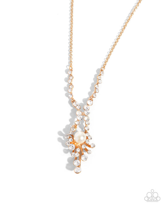 Paparazzi Phenomenal Pizzazz - Gold, White Rhinestone & Pearl Bead Necklace