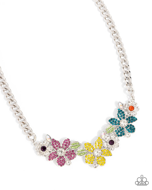 Guiding Garden - Multicolored Yellow, Pink, Blue Flower Silver Necklace Paparazzi N3631