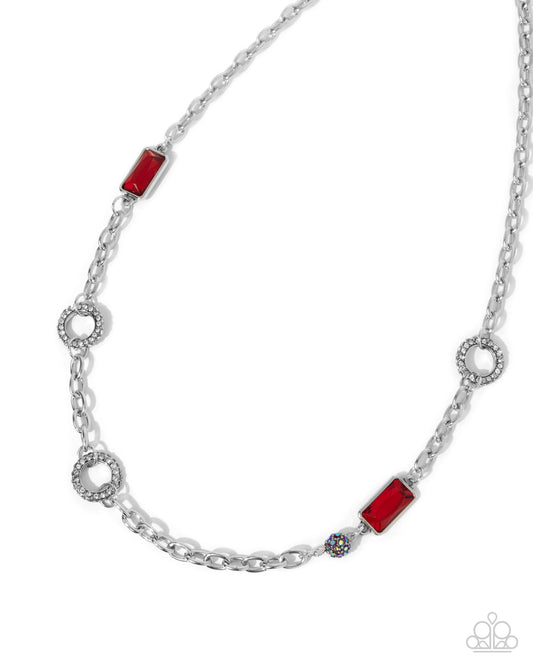 Effulgent Emeralds - Red Gem, White Rhinestone Silver Cable Chain Necklace Paparazzi N3453