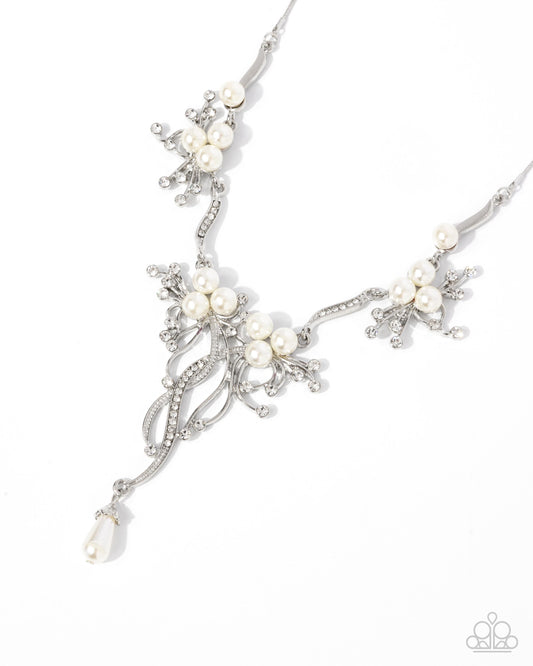 Grapevine Getaway - White Rhinestone & Pearl Floral Necklace Paparazzi N2856
