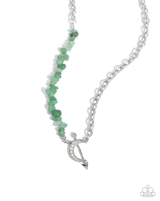 Chiseled Confidence - Green Chiseled Jade Stone, Silver Crescent Moon & Arrow Necklace Paparazzi N2639