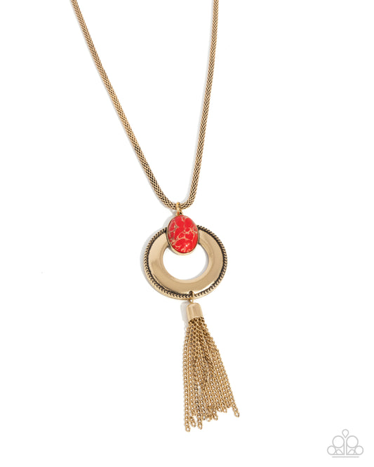 Unwavering Unity - Red Marbled Stone Gold Rope Chain Tassel Necklace Paparazzi N3368
