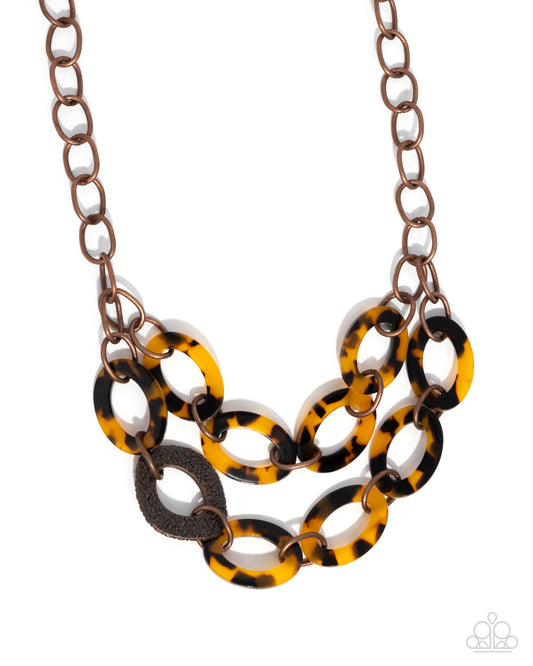 Patterned Presto - Copper Hammered Frame & Brown Tortoiseshell Necklace Paparazzi N3356