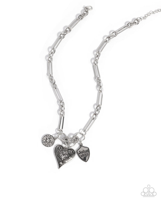 Greater Love - White Rhinestone Silver Heart Inspirational John 15:13 Necklace Paparazzi N2802