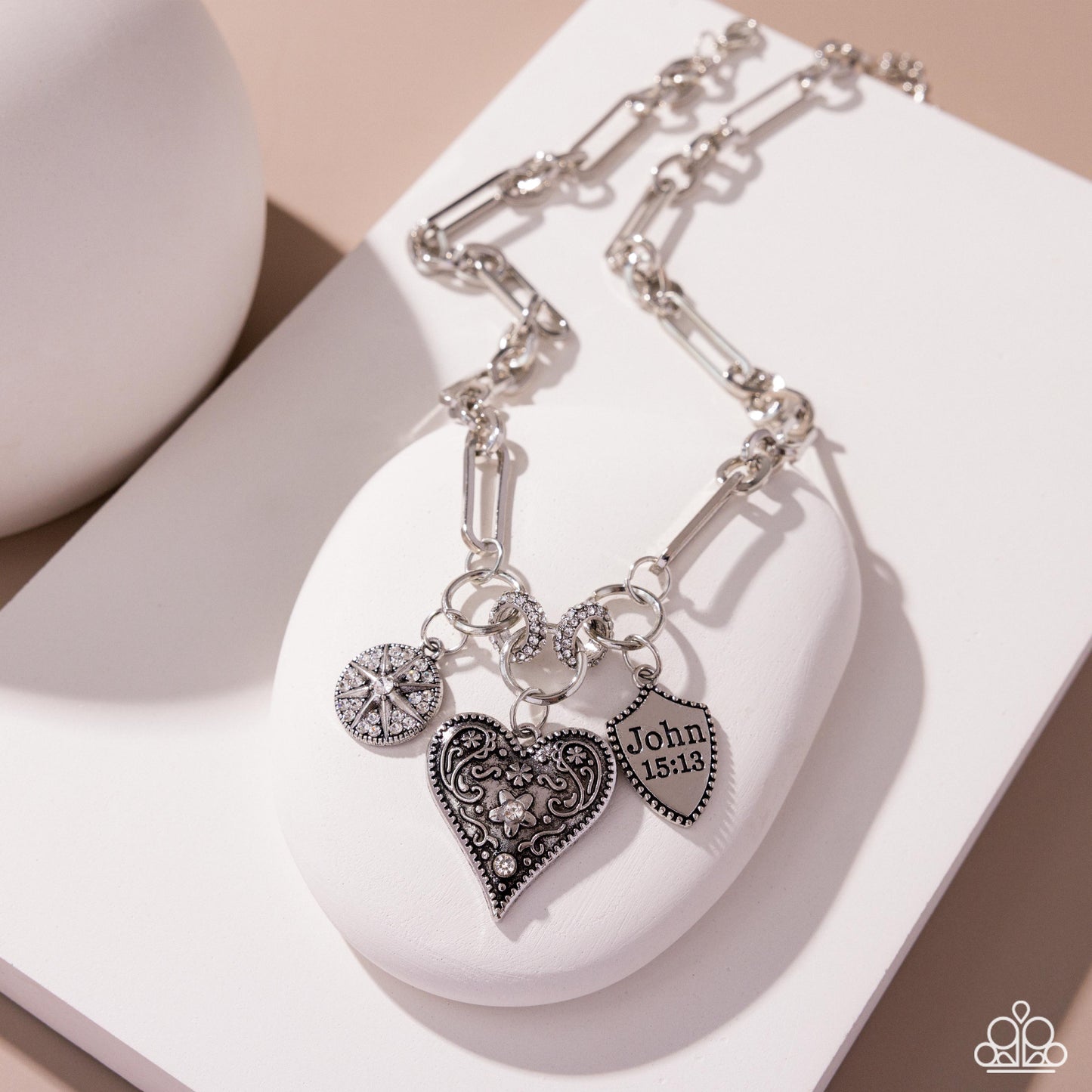 Greater Love - White Rhinestone Silver Heart Inspirational John 15:13 Necklace Paparazzi N2802