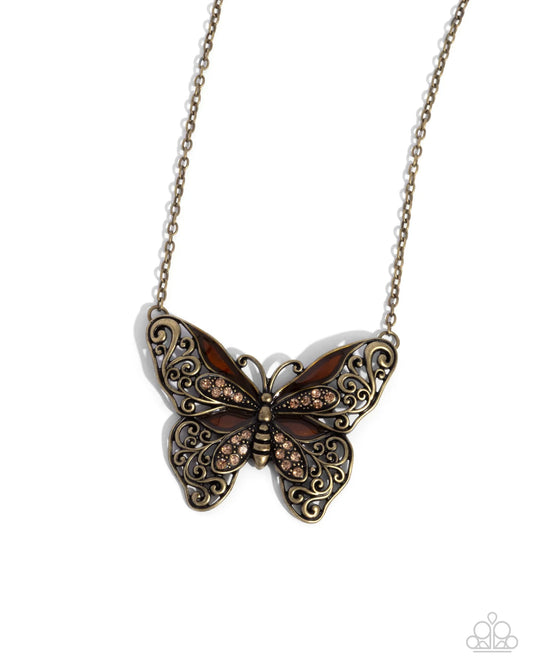 Flawless Flight Brass Filigree & Topez Rhinestone Butterfly Necklace Paparazzi N2611