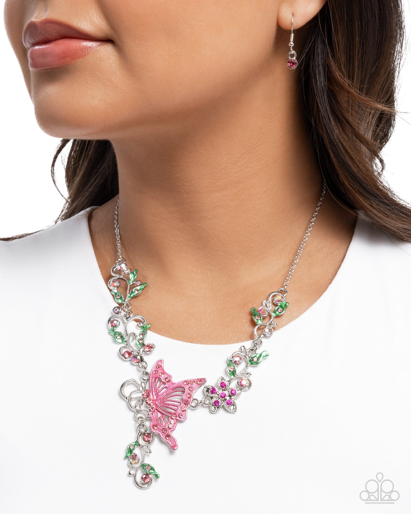 Valuable Vineyard - Pink Butterfly Colorful Iridescent, Pink Rhinestone Floral Necklace Paparazzi