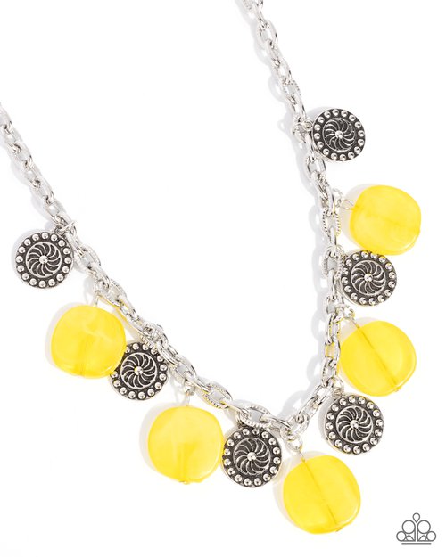 Worthwhile Wheels Yellow Acrylic Disc Silver Necklace Paparazzi N3378