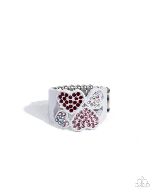 Honorable Hearts - Multi Light Rose, Red, Iridescent Rhinestone, White Painted Heart Ring Paparazzi R0881