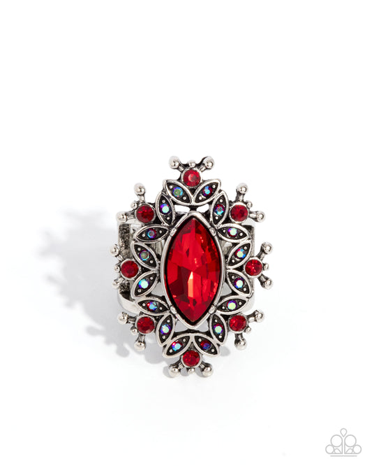 Elaborate Effect - Red Marquise, Iridescent Gem & Silver Filigree Ring Paparazzi R0860
