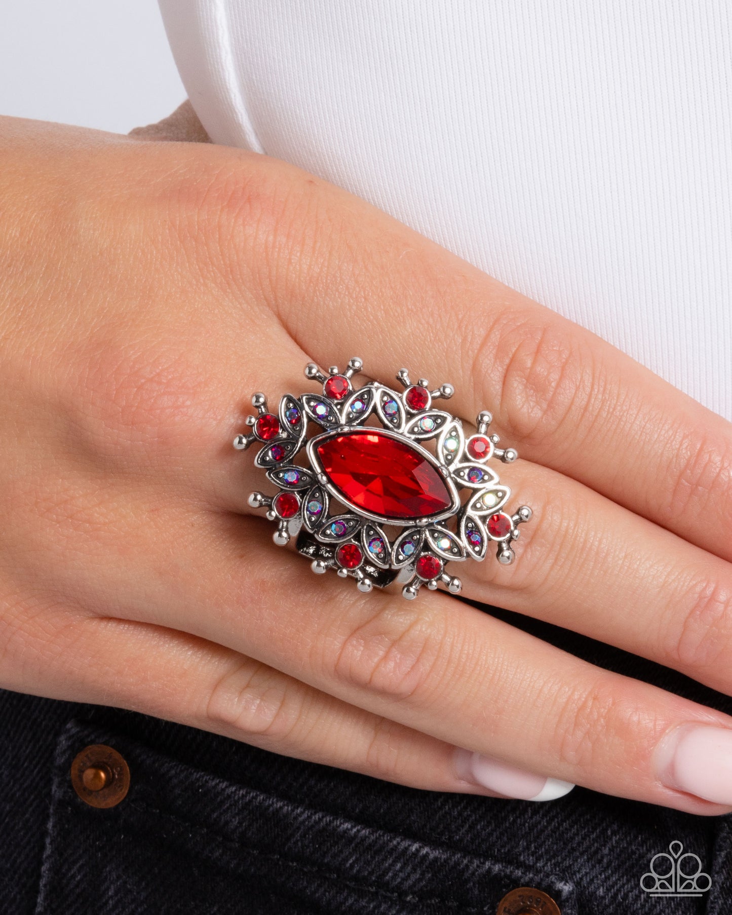 Elaborate Effect - Red Marquise, Iridescent Gem & Silver Filigree Ring Paparazzi R0860