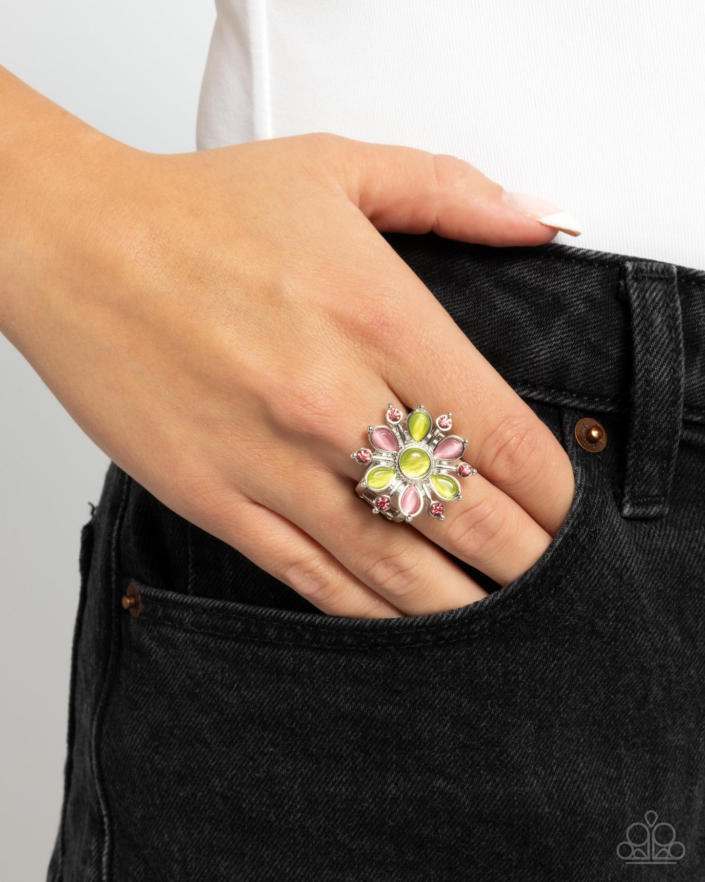 Paparazzi Horticulture Haute - Green & Pink Cat's Eye Stone Floral Ring R1213