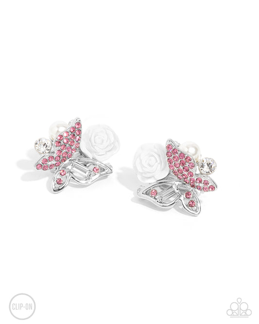 Fanciful Facade - Pink Rhinestone & Silver Butterfly, White Resin Rose Clip-On Earring Paparazzi E2436