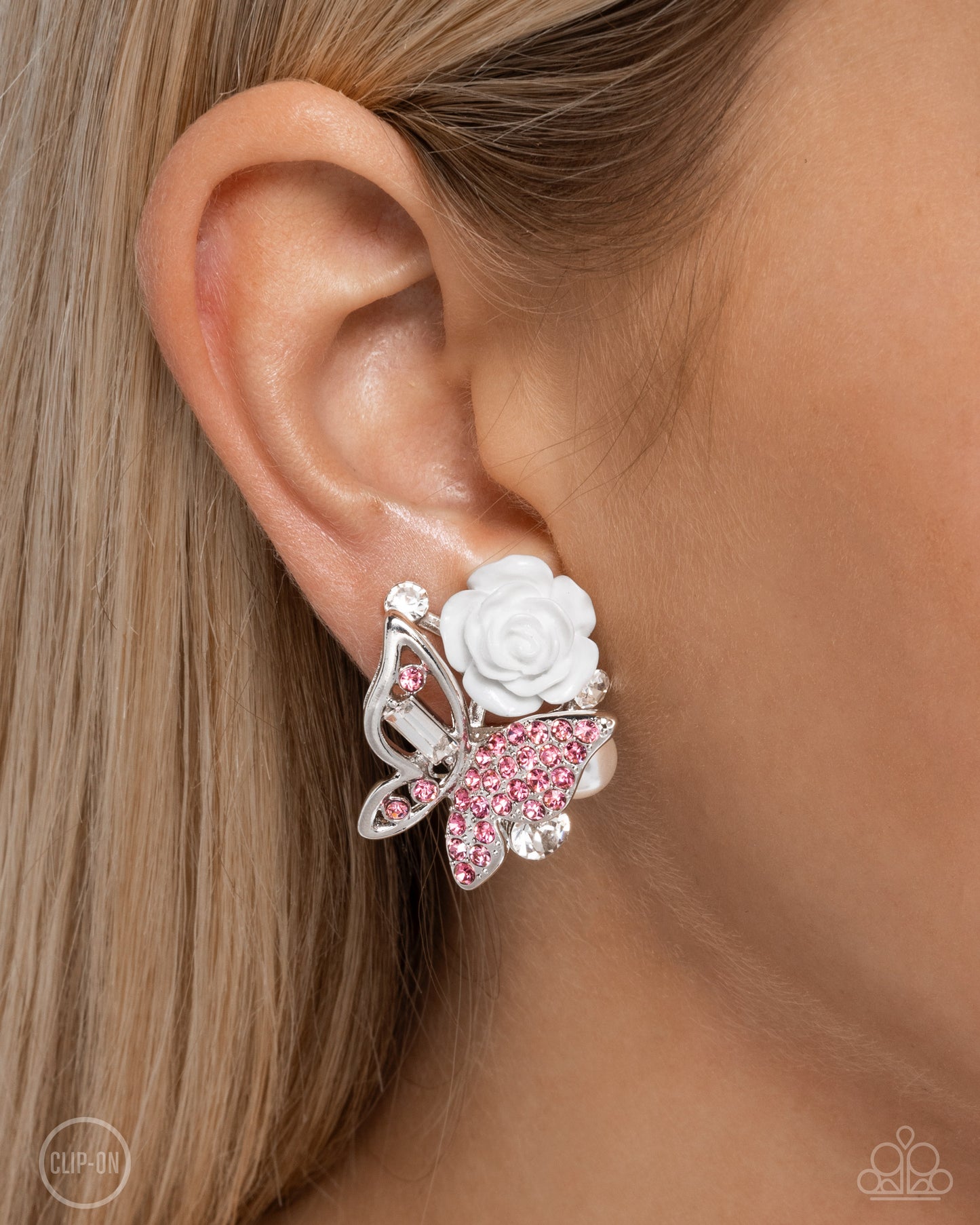 Fanciful Facade - Pink Rhinestone & Silver Butterfly, White Resin Rose Clip-On Earring Paparazzi E2436