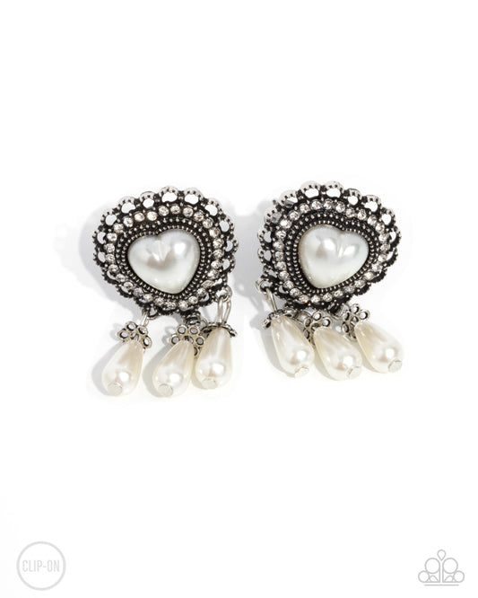 Sumptuous Story - White Pearl Heart Clip Earring Paparazzi E2764