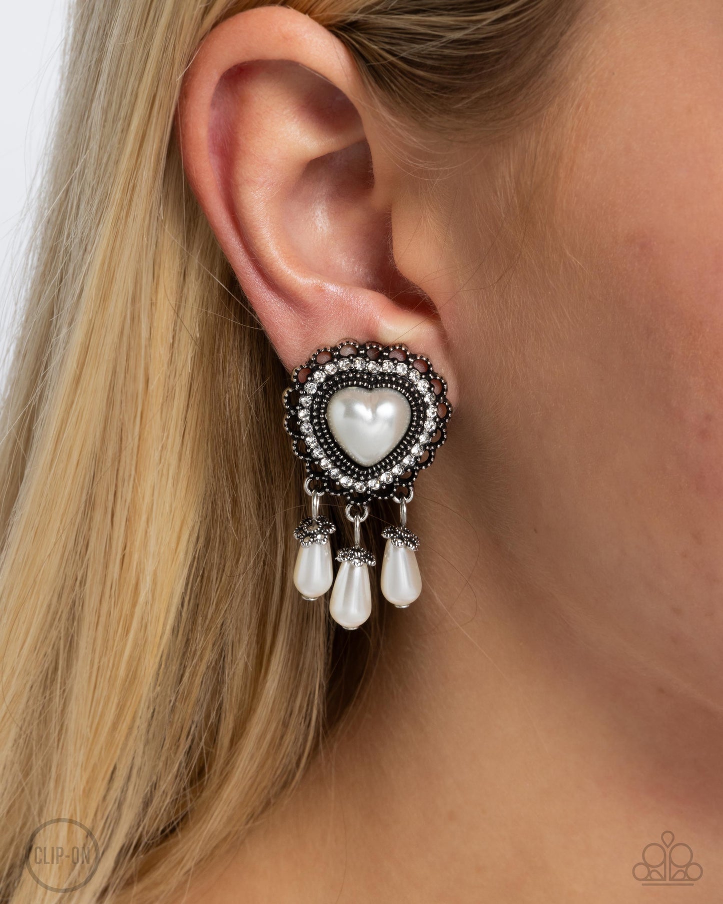 Sumptuous Story - White Pearl Heart Clip Earring Paparazzi E2764