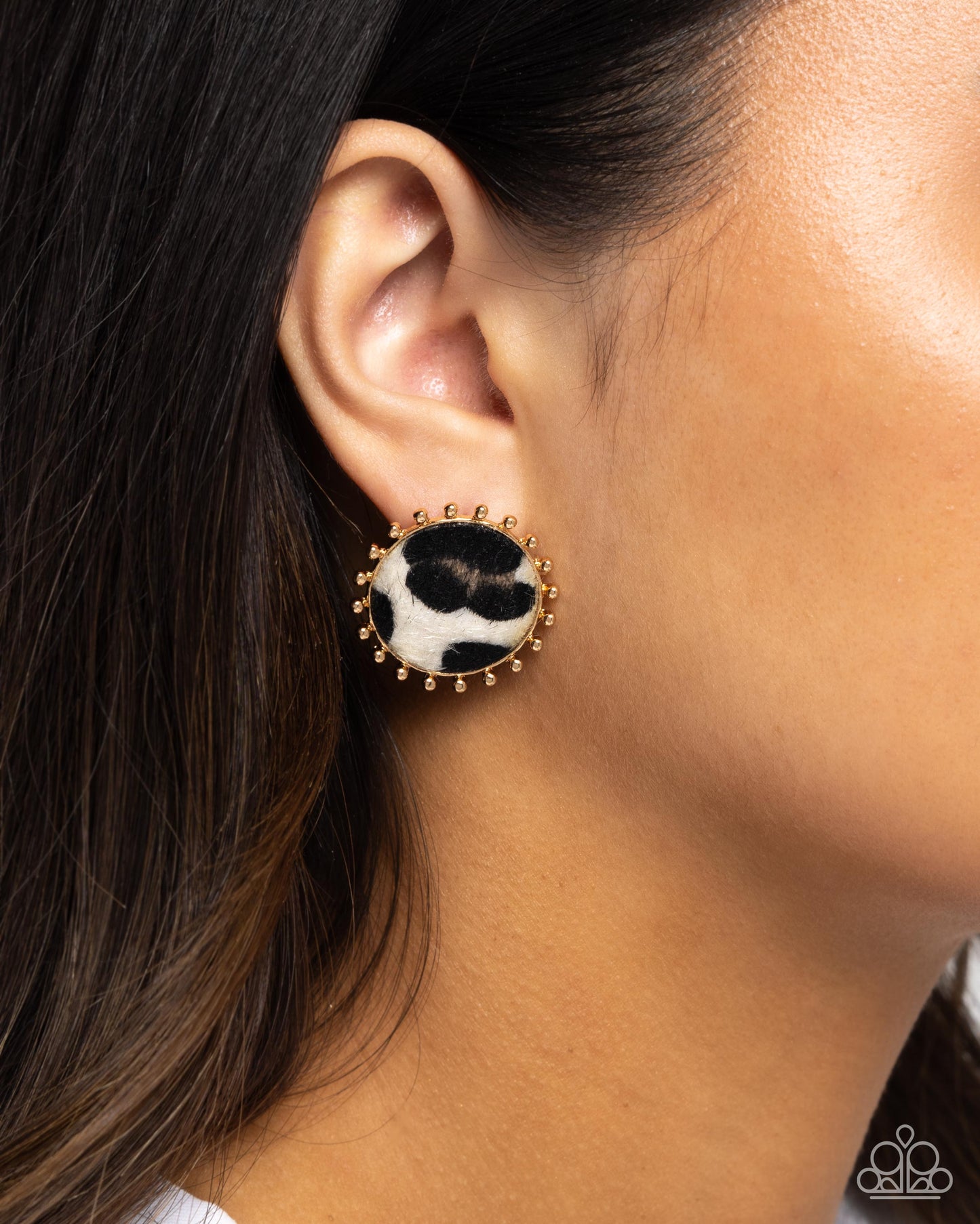 Cowhide Couture - Brown Multicolored Cow Print Gold Santa Fe Style Earring Paparazzi E2423