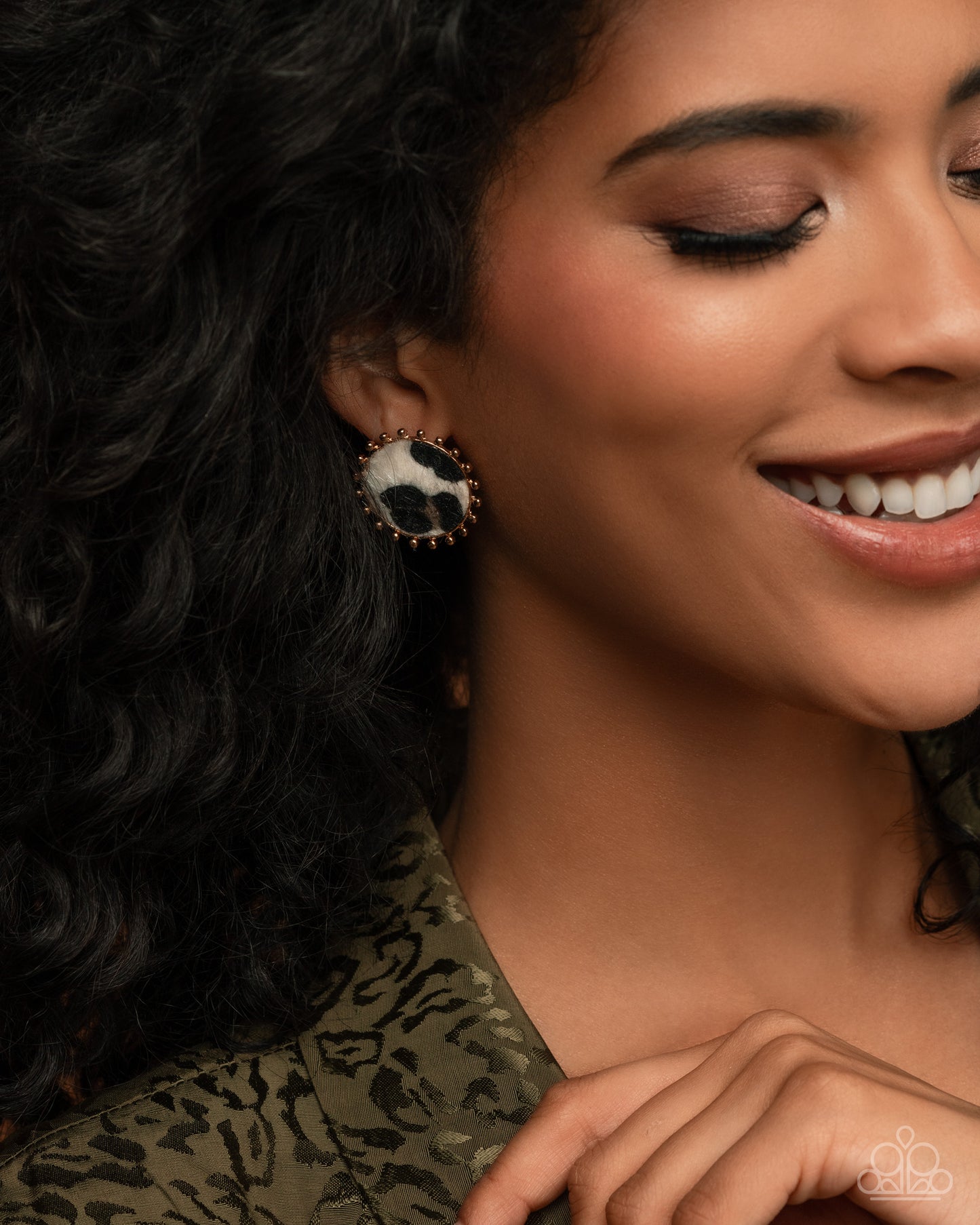 Cowhide Couture - Brown Multicolored Cow Print Gold Santa Fe Style Earring Paparazzi E2423