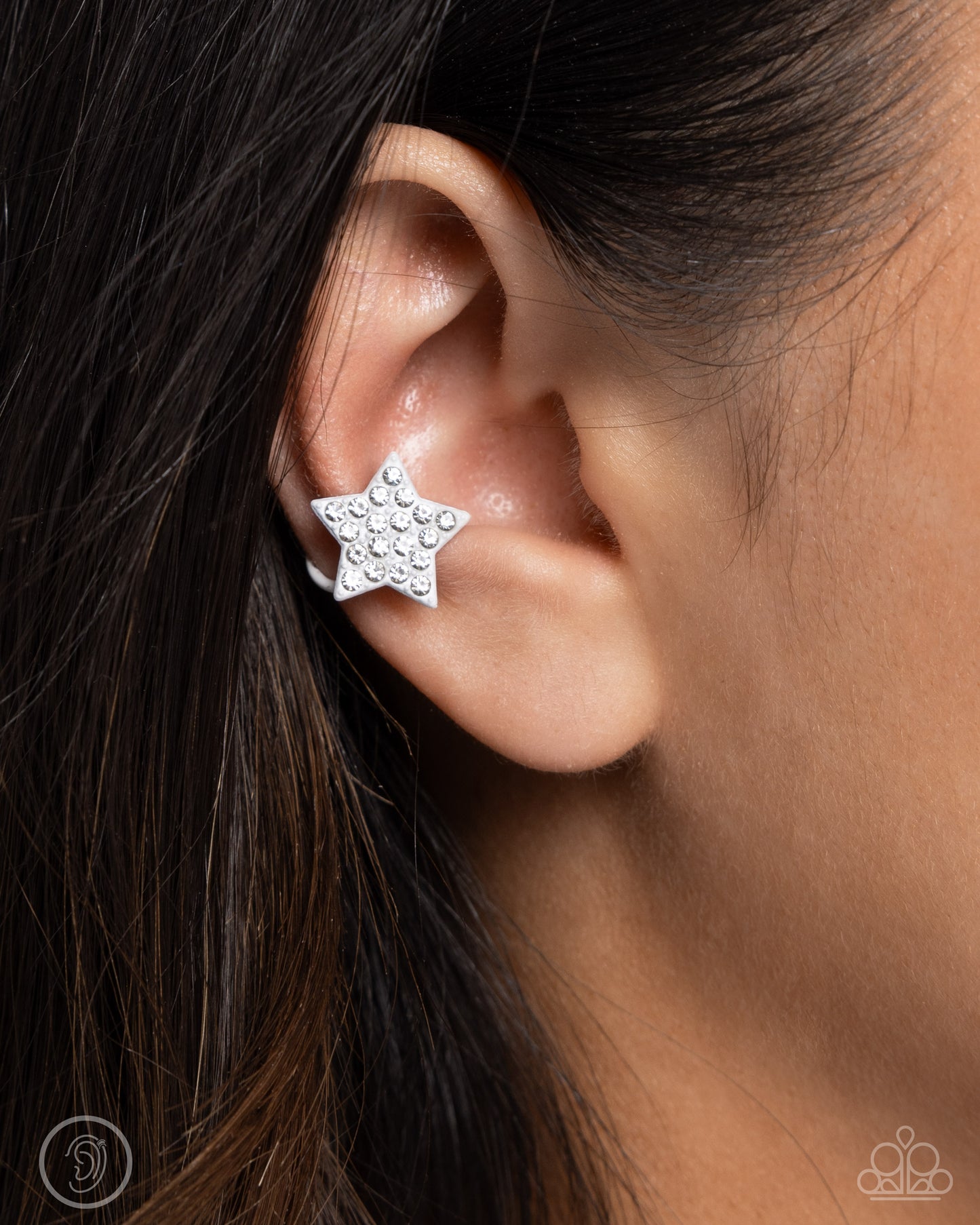 Stellar Skill - White Rhinestone Painted Star Ear Barbell Style Cuff Paparazzi E2749