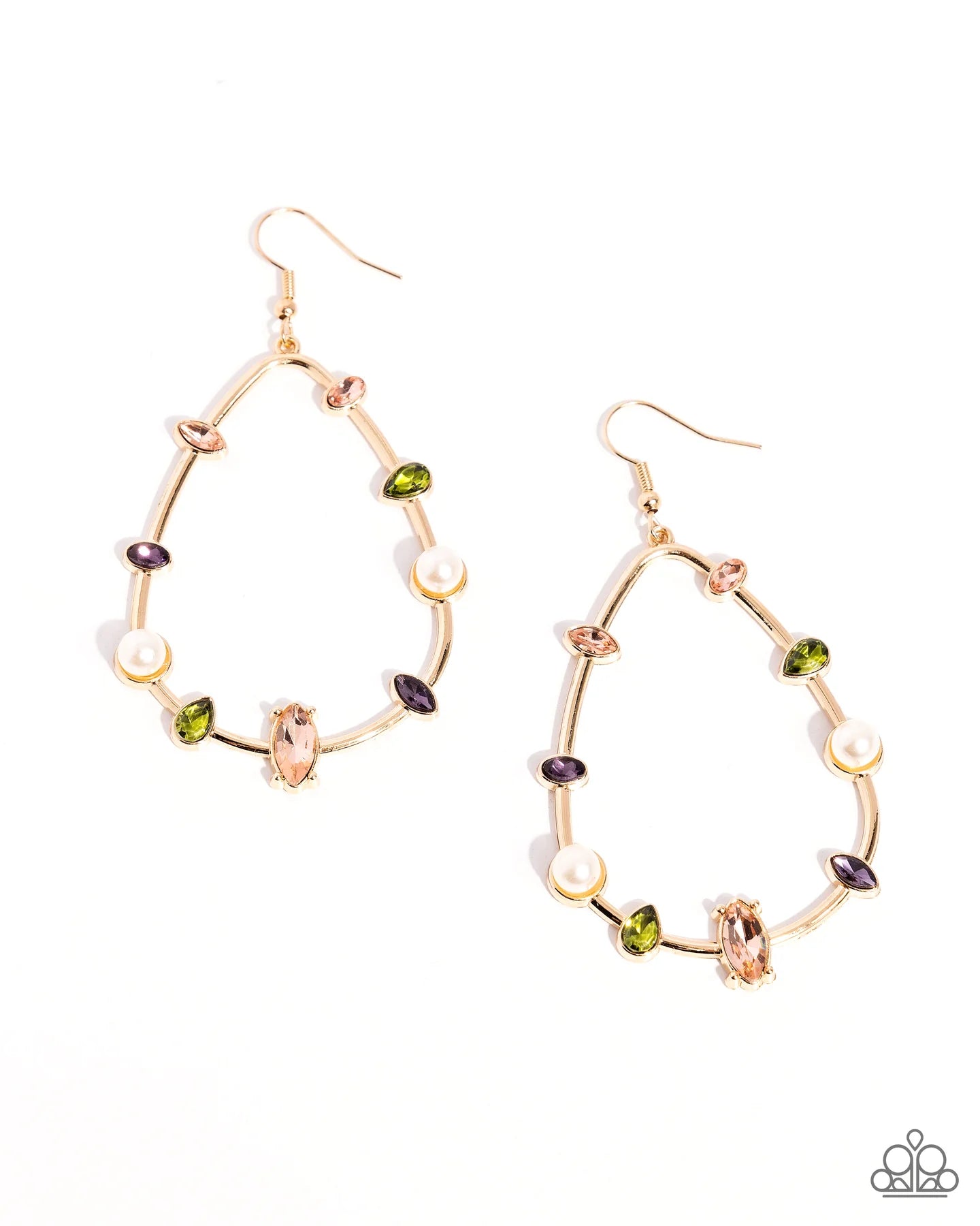 Paparazzi Dazzling Diversity - Gold White Pearl, Multicolored Gem Teardrop Earrings E0925
