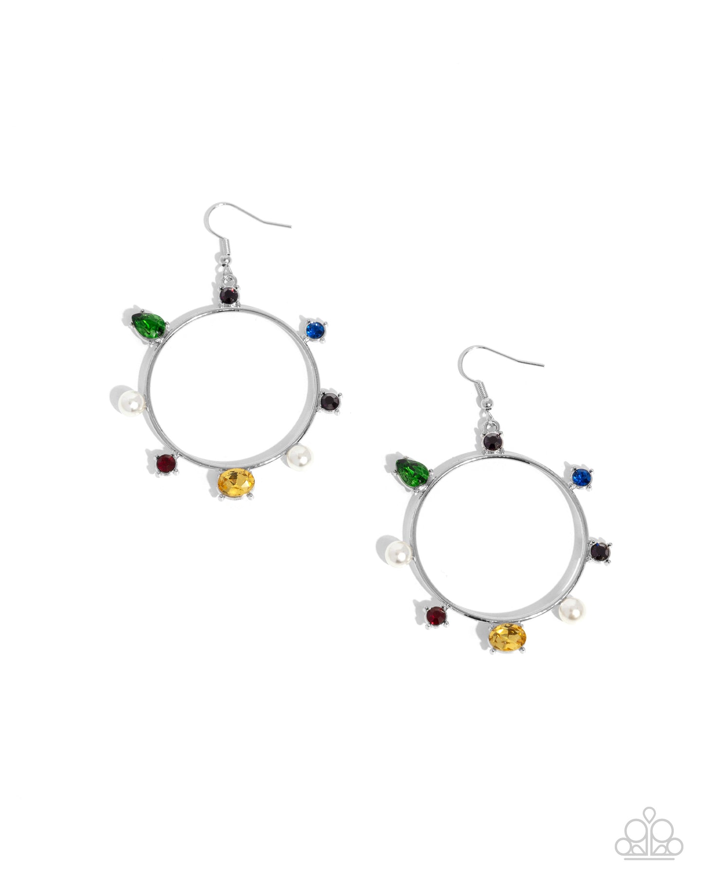 Tailored Treasure - Multi Colored Rhinestone & White Pearl Silver Circle Earring Paparazzi E2438