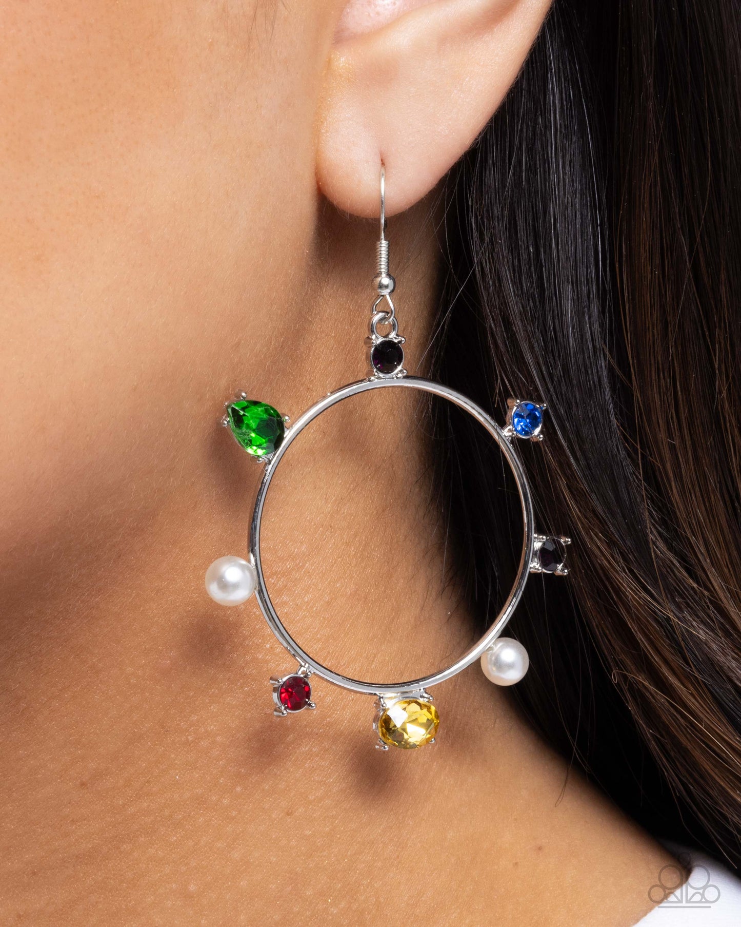 Tailored Treasure - Multi Colored Rhinestone & White Pearl Silver Circle Earring Paparazzi E2438