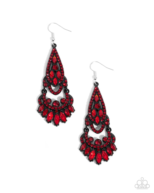 Opera Stage - Red Glassy Gem & Rhinestone Black Frame Fringe Chandelier Earring Paparazzi E2473